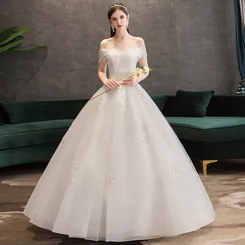 

Off Shoulder Wedding Dress with Short Sleeves 2020 Ivory White Lace Embroidery Floor Length Wedding Gowns