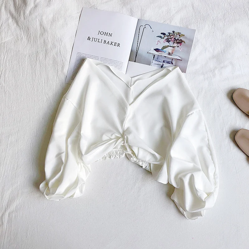 Neploe V Neck Sexy Off Shoulder Puff Long Sleeve Blouse Women Korean Tie Design Slim Short Blusas Spring 2020 New Shirt 49109