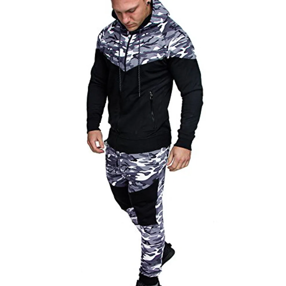 Men's Sportswear Autumn Patchwork Zipper Sweatshirt Top Pants Sets Sports Suit Tracksuit men track suit survetement homme