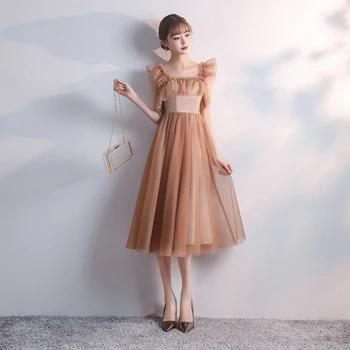 

A-Line Tea-Length Sleeveless Maid of Honor Dress for Weddings Tulle Bridesmaid Dress Sister Prom Sexy Vestido De Festa Longo