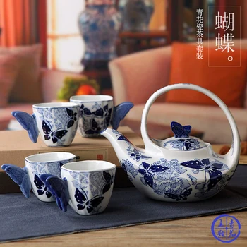 

Blue and white porcelain hand-painted flower butterfly art teapot tea cup pot set Chinese classical household kungfu teaware