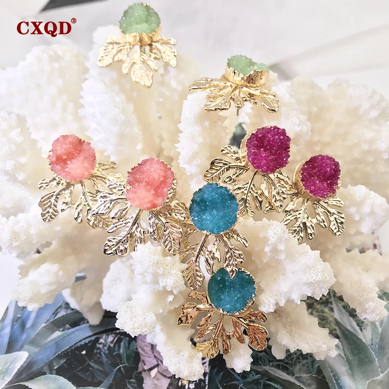 Женские серьги подвески CXQD геометрические из золотистого полимера с листочками