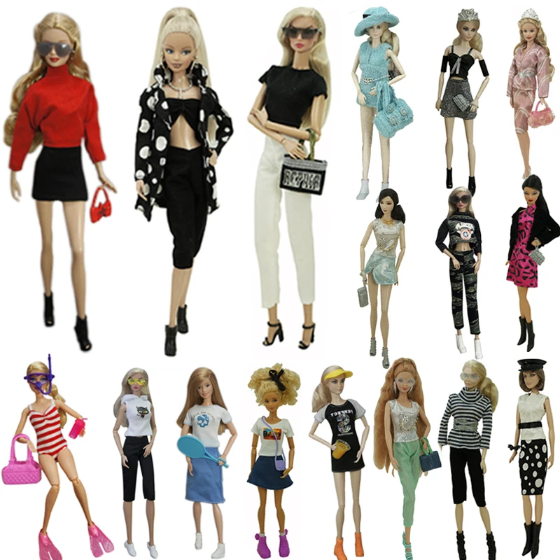 Fashion Outfits For Barbie Doll Clothes Set For Barbie Shirt Pants Shoes Glasses Crown Purse Hat Toys 1/6 Dolls Accessories