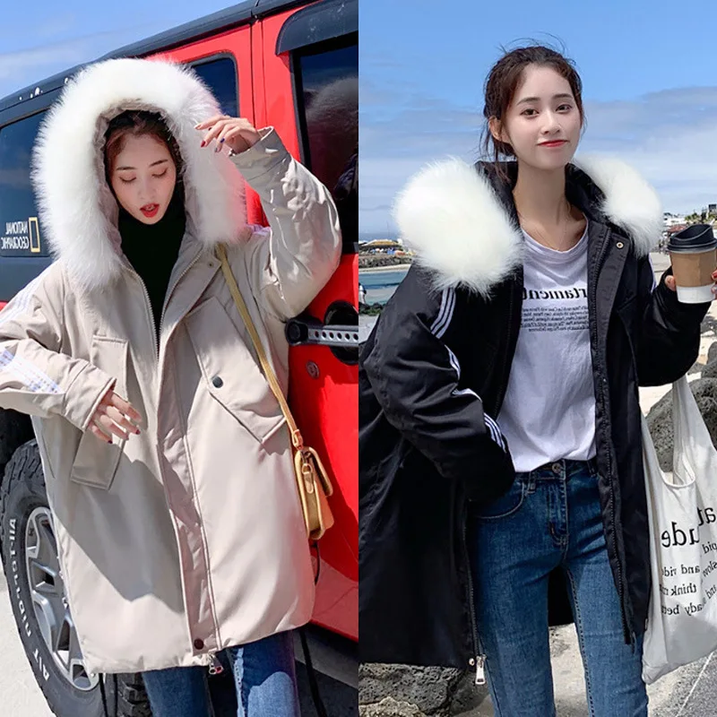 

Photo Shoot 2019 Autumn And Winter New Style down Jacket Women's Mid-length BF Sports Stripes Baseball Loose Cotton Coat Women's