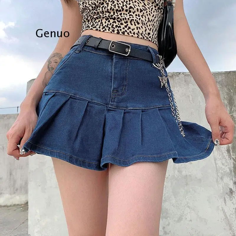 

Punk Y2K Denim Mini Pleated Skirt Ladies Summer High Waist Jeans Shorts Skirts Women Ruffles Fashion Korean