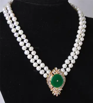 

jewerly Selling Beautiful 2Rows White Pearl Green fashion Pendant Necklace