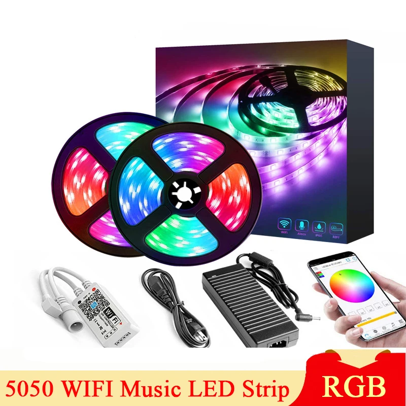 

DC12V 5050 WIFI Music RGB LED Strip Set Waterproof IP65 Neon Flexible Colorful Light with APP Voice Control