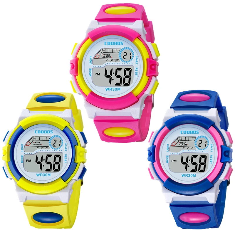 

Colorful design fashion girls boys sport led digital watch COOBOS electronic Multifunction children gift party Kids watches