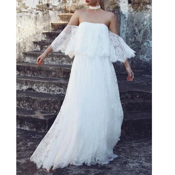

Ordifree 2019 Summer Women Long Party Dress White Lace Off Shoulder Maxi Tunic Beach Dress