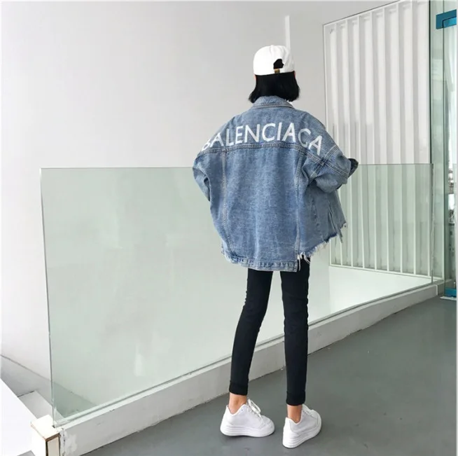 Finest  Loose-Fit Printed Letter Hip Hop Style Jeans Coat Women's Extra-large Autumn Clothing Irregular Lon