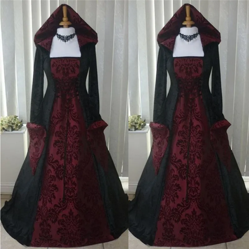 Винтажное готическое платье на Хэллоуин с капюшоном в стиле ренессанса, средневековое платье длиной до пола, платье принцессы в стиле бохо в викторианском стиле N19 - Цвет: Red