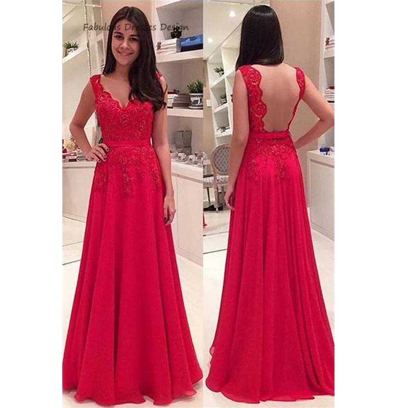 

Red Charming A Line Prom Dresses Applique Lace Women V Neck Open Back Long Evening Dress Wedding Party Gown Vestido De Festa