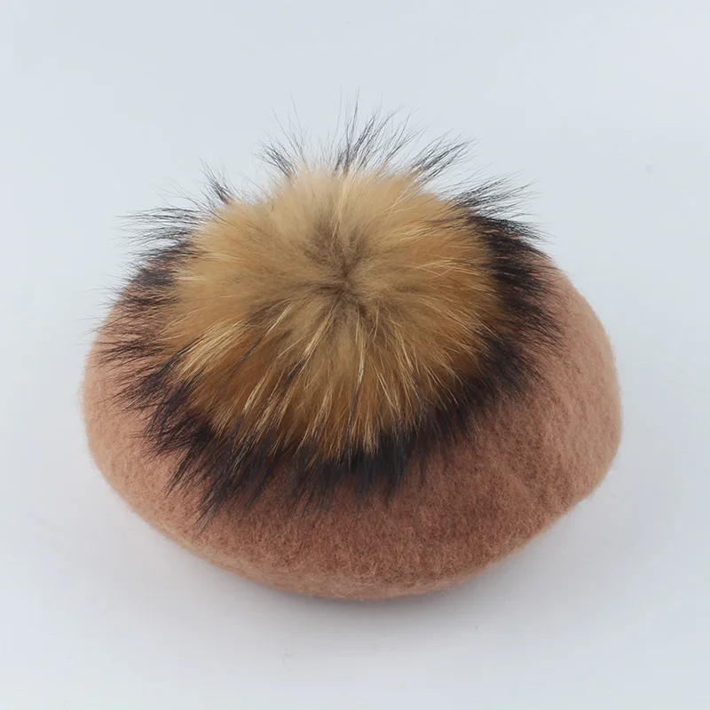Autumn Winter Wool Beret Real Fur Pompom Beret Hat For Kids Women