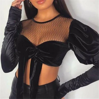 

Sexy Women Blouse Velvet Ladies Blouses And Tops Bow Lace Up Bandage Tops Womens Clothing Mesh Woman Shirt OL Blouses Streetwear
