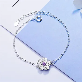 

New Fashion Beautiful Two Colors Pink Sakura Flower 925 Sterling Silver Jewelry Fresh Exquisite Crystal Plant Bracelets SB237