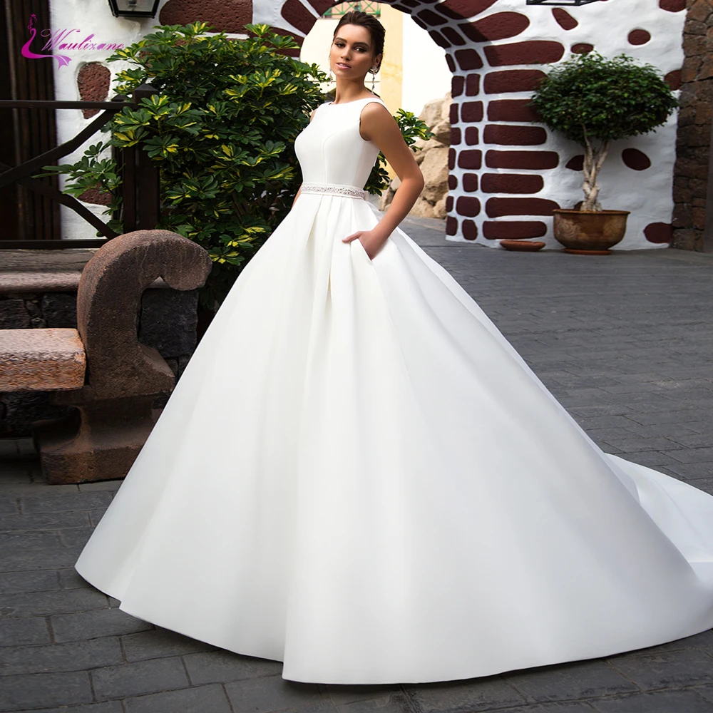 Waulizane Elagant Белое Атласное Свадебное платье с карманом линия Свадебное платье потрясающий пояс