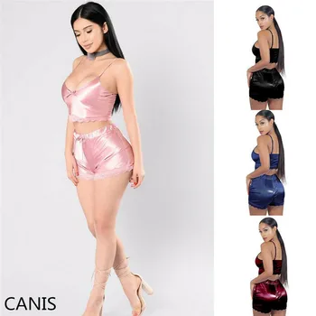 

Women Sexy 2 Piece Bodycon Lace UP Crop Top and Short Pants Club Party Suits