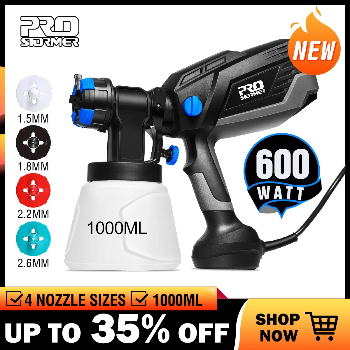 

PROSTORMER 600W Electric Spray Gun HVLP Home Paint Sprayer 1000ml Capacity 4 Nozzle Sizes Flow Control Airbrush Easy Spraying