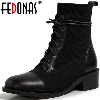 

FEDONAS Vintage Popular Patchwork Shoes Woman Heels 2020 Autumn Winter Genuine Leather High Heels Boots Basic Retro Ankle Boots