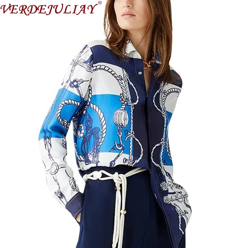 VERDEJULIAY, подиумная мода, шелк, блузки, женские, длинный рукав, элегантные, с цепочкой, с принтом, рубашка, модная, для офиса, для девушек, топ, рубашка