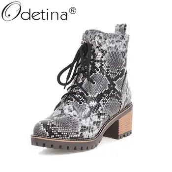 

Odetina Women New Winter Snake Printing Platform Lace Up Block Short Boots Ladies Fashion High Heel Sexy Cross-tied Ankle Boots