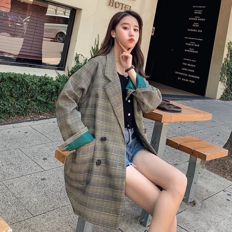 

2019 Early Autumn New Style Korean-style CHIC Long Sleeve Plaid Suit Jacket Women's Casual Loose-Fit Pattern Suit Tops
