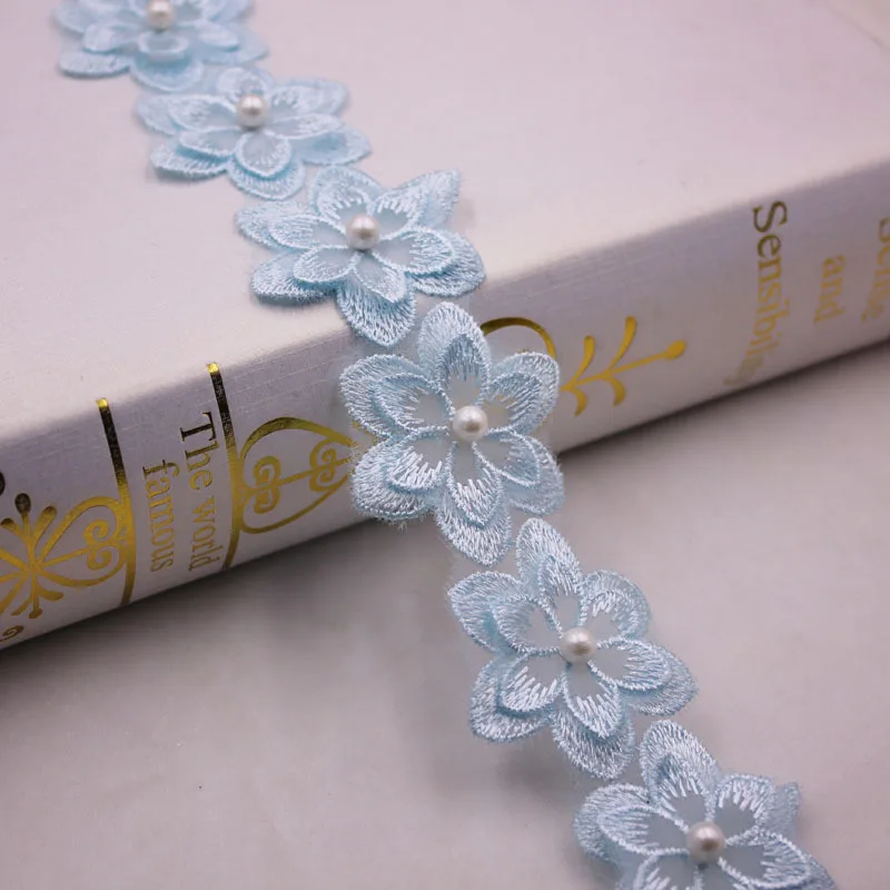 1Yards Flower Pearl Beaded Embroidered Lace Ribbon Trim African Lace Fabric Handmade Dress Sewing Supplies