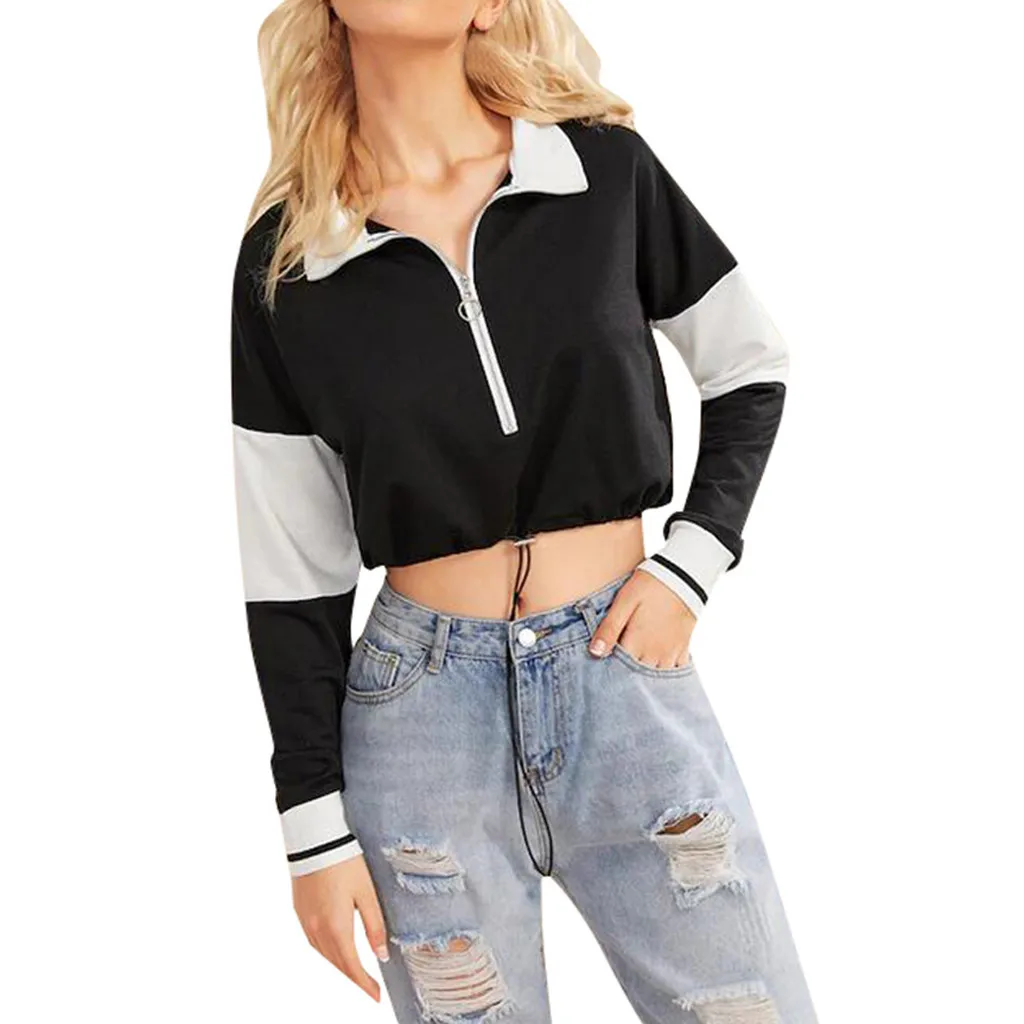 Jaycosin 2019 Fashion Autumn Women Zipper Patchwork Sweatshirt Stylish Long Sleeve Comfortable Casual Pullover Blouse Top 104#10
