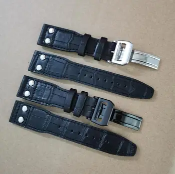 

Watch parts Width 24mm Black Genuine leather Double rivet Pilot strap watch band Stainless steel Folding buckle G072