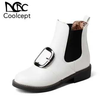 

Coolcept Ankle Boots For Women Warm Fur Mixed Color Shoes Women Fashion Buckle Platform Stretch Square Heels Footwear Size 34-43