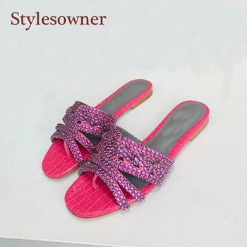 

Sexy Flip Flops Brand Rhinestone Slides New Women Slippers Stone Grain Crystal Squre Toe Summer Flat Beach Mules Silver Shoes