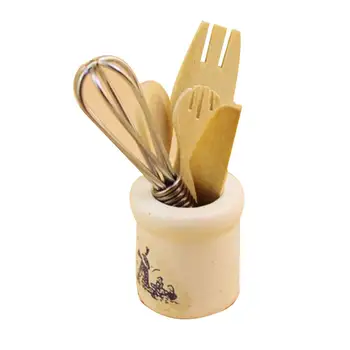 

Dollhouse Miniature Decor Wooden Knife Fork Metal Whisk Jar Set Kitchen Toy