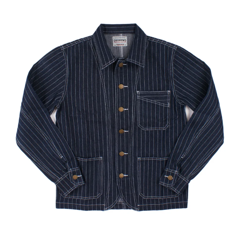 Amekaji Vintage Striped Denim Jacket Men Spring Autumn New French Workwear Overalls Lapel Tooling Jacket Casual Cardigan Coat