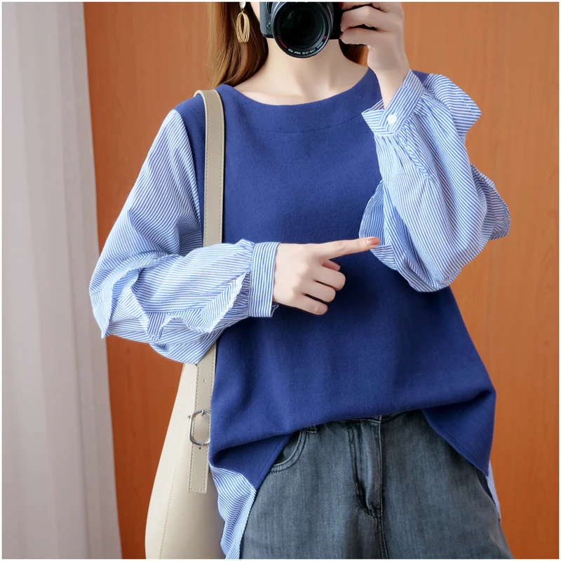 DIMANAF Plus Size Women T-Shirt Female Ruffles Long Sleeve Tops Tees Tunic Cotton Striped Spliced Loose tshirt Autumn Clothing