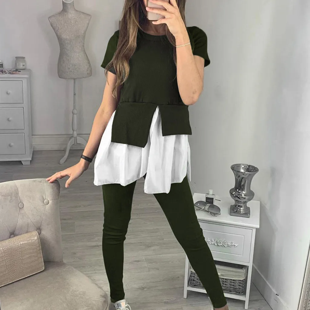 

2PCS Women Ruffles Patchwork Tracksuits Set Lounge Wear Ladies Top Suit Pant Summer Casual 2 Piece Set Women Drop shipping