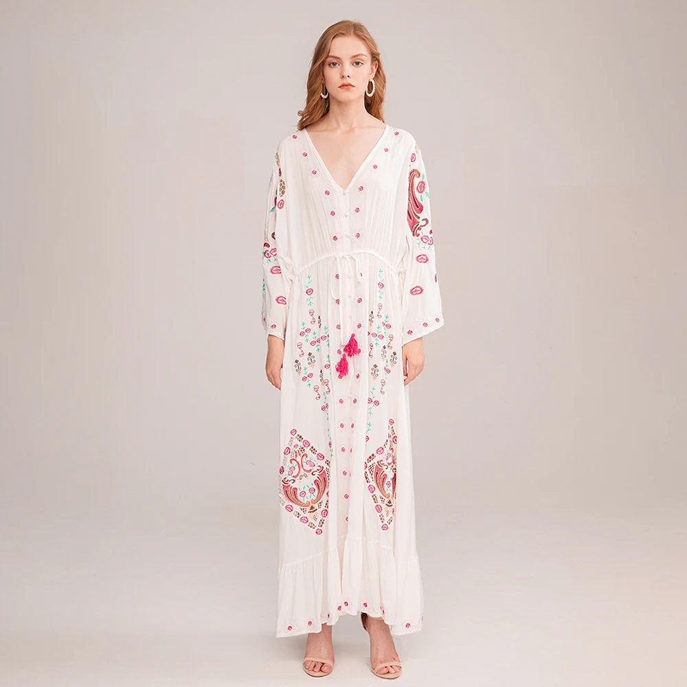 Boho свободное Сексуальное Платье макси с вышивкой и кисточками, v-образный вырез, длинный рукав, винтажное платье, осенняя пляжная повседневная одежда, женские платья