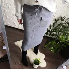 Осенне-зимний женский свитер с эластичной резинкой на талии, юбки, вязанная юбка миди в стиле ампир