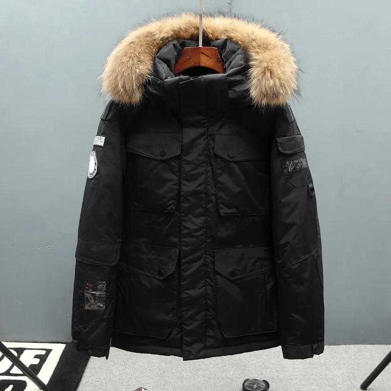 Зимняя куртка на утином пуху для мужчин, 4 цвета, модная утолщенная куртка с большим меховым воротником и капюшоном, приталенные куртки и пальто, мужской бренд - Цвет: Черный