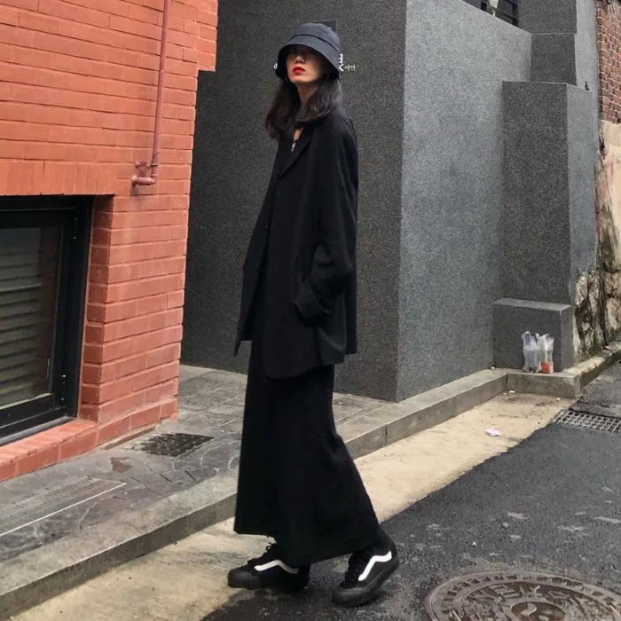 

Autumn Clothing Casual Vintage Handsome Simple Suit Jacket Slimming Black And White with Pattern High-waisted Long Skirt Set