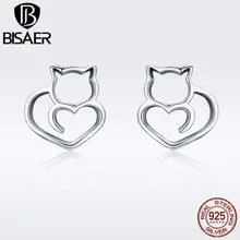 BISAER, новинка, 925 пробы, серебряные серьги, милый спящий Кот, киска, маленькие серьги-гвоздики для женщин, модные серебряные ювелирные изделия GXE271