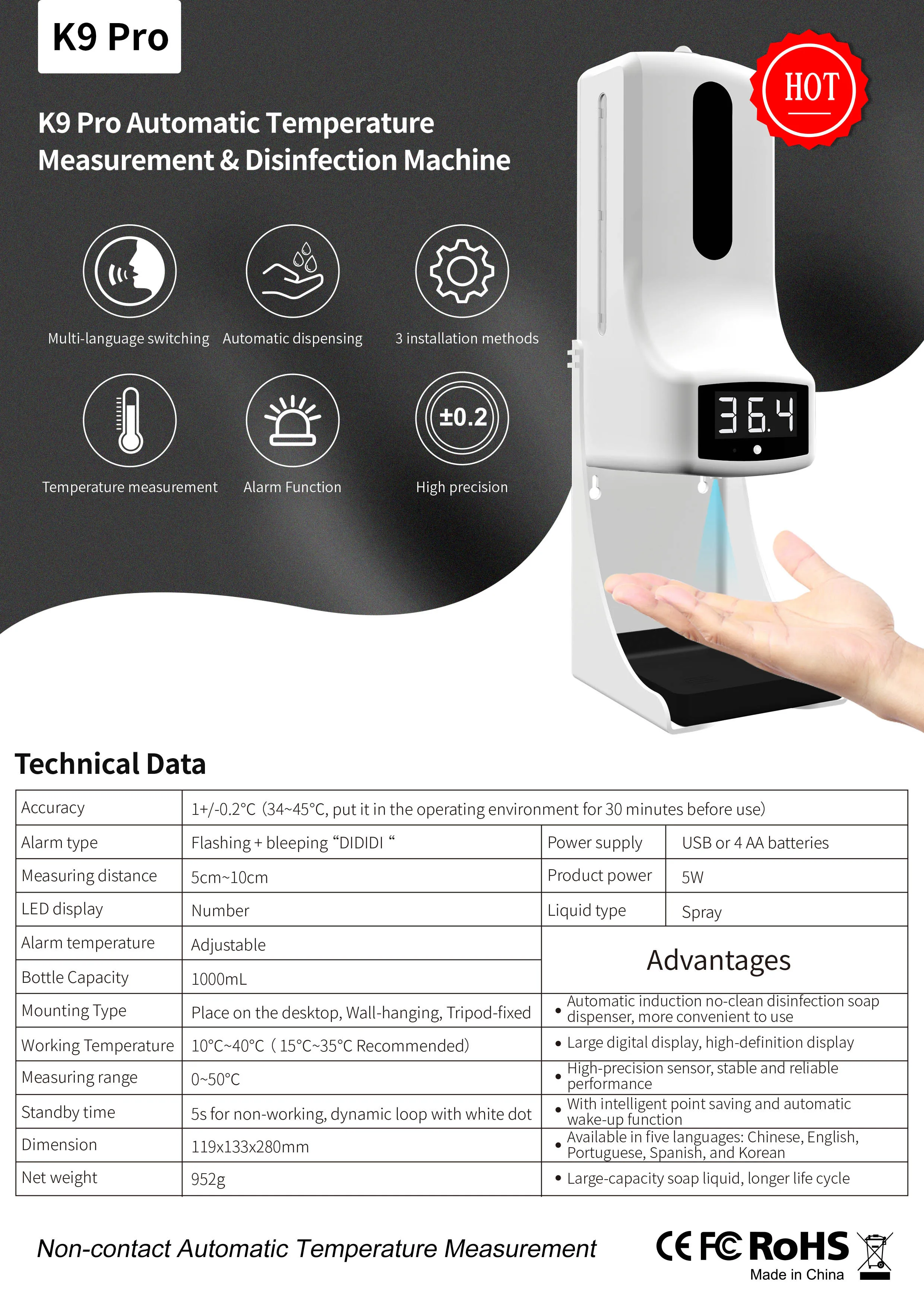 Dispensador de Sabão Inteligente sem Contato Novo Automático Líquido Sensor Termômetro Infravermelho Digital Mãos Lavagem Desinfetante Livre k9 Pro 1 digital mãos lavagem desinfetante livre