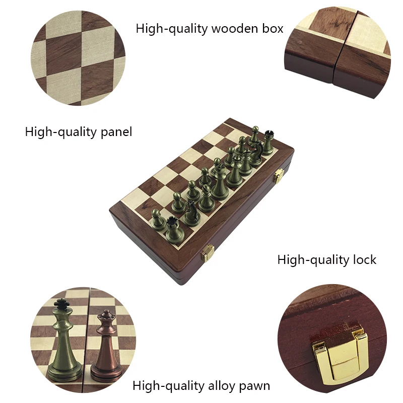 Classic Zinc Alloy Chess Pieces Wooden Chessboard Chess Game Set King Height 6.7cm Outdoor Game Yernea