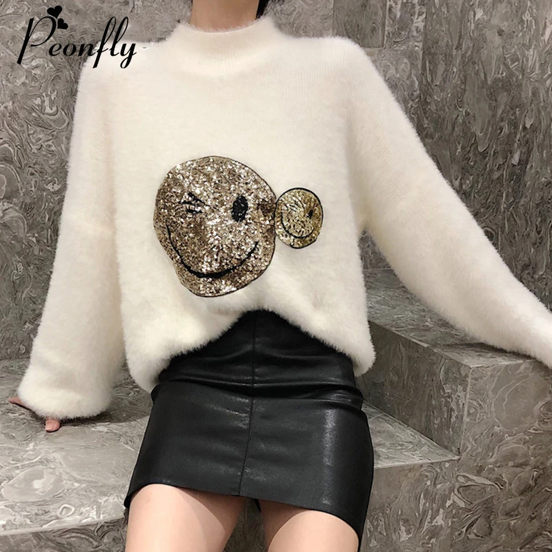 

PEONFLY Cute Cartoon Artificial Fur Sweater Women Jumper 2019 Winter Loose Long Sleeve Knitted Pullover Sweater Female Black