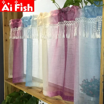 

Color Striped Tulle Curtain Mediterranean Style Kitchen Living Room Bedroom Home Decoration Short Curtain Window Screen WP109-3