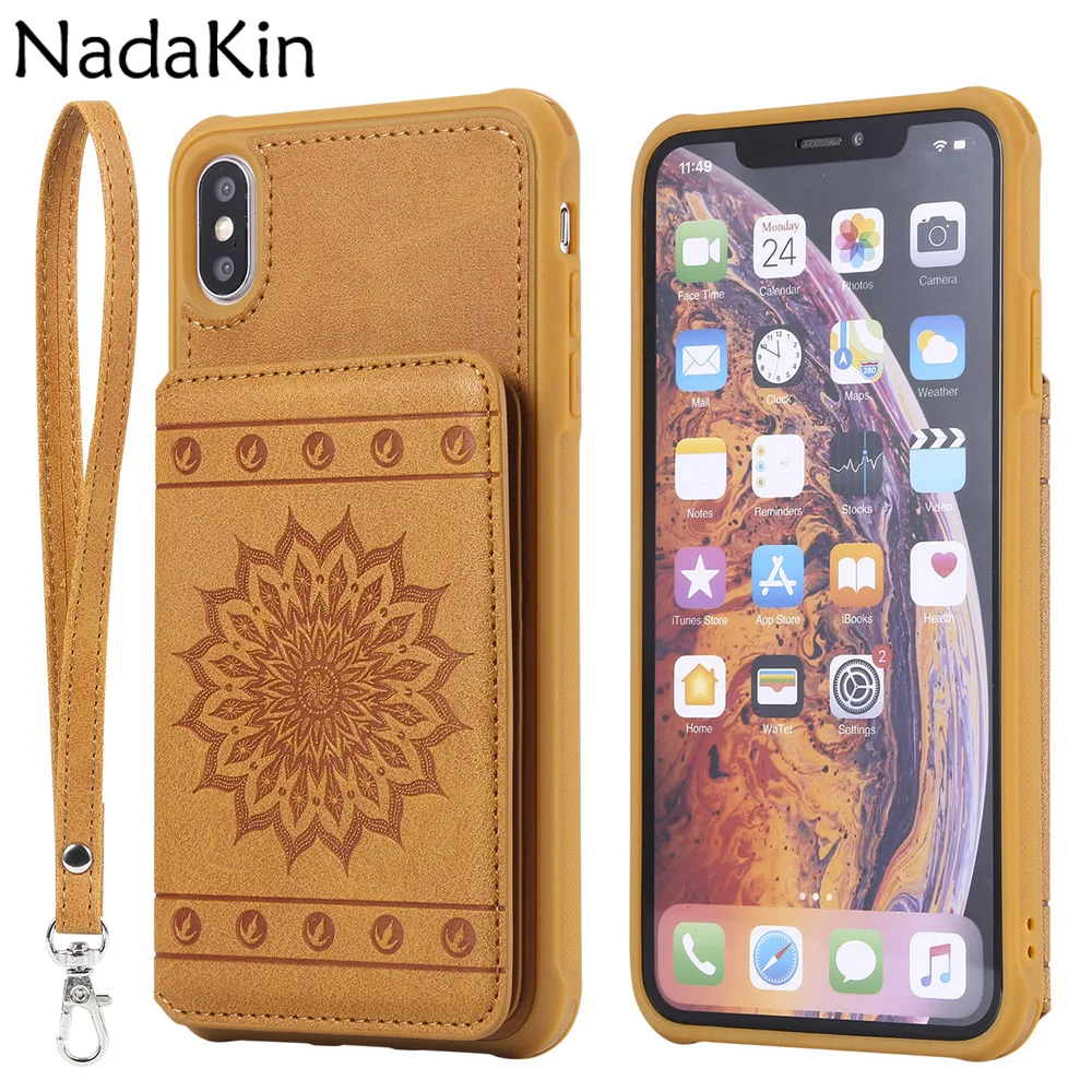Противоударный чехол для телефона с карманом для карт для iPhone X XS MAX XR 6 6S 7 8 Plus 5 5S SE Чехол-кошелек с ремешком