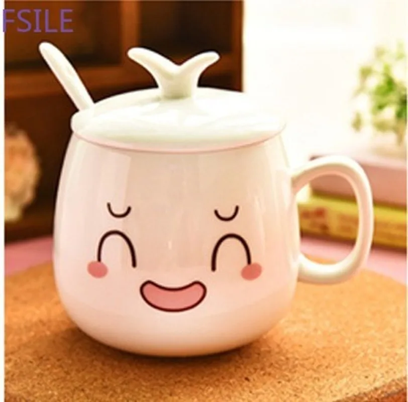 320ml Cute Cartoon Expression Ceramic with Lid with Spoon Coffee Mug Creative Drink Coffee Cup Tea Cup Novelty Milk Cup
