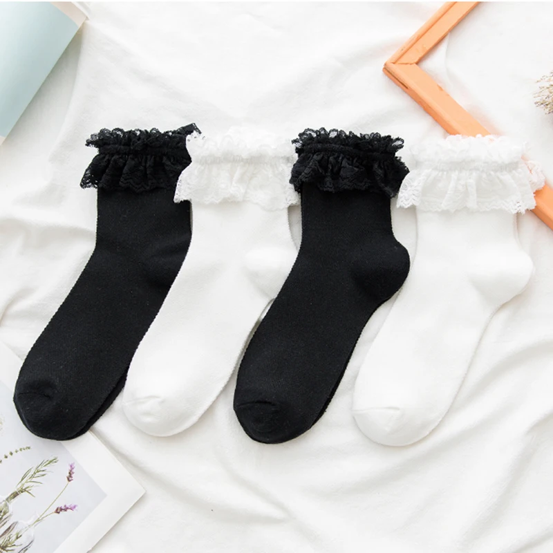Women Lace Mesh Black White Cotton Socks Lolita Style Japanese Maiden Lovely Short Socks Harajuku Frilly Ruffle Princess Socks