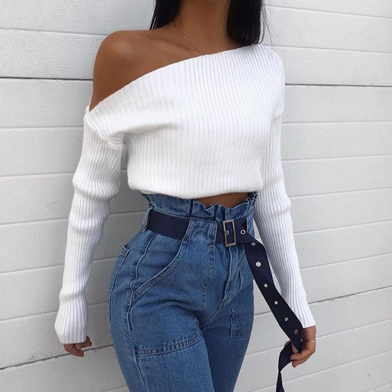 

Off Shoudler Solid Ribbed Loose Knitted Sweater Women 2020 Streetwear Autumn Keep Warm Long Sleeve Pullover Top Winter