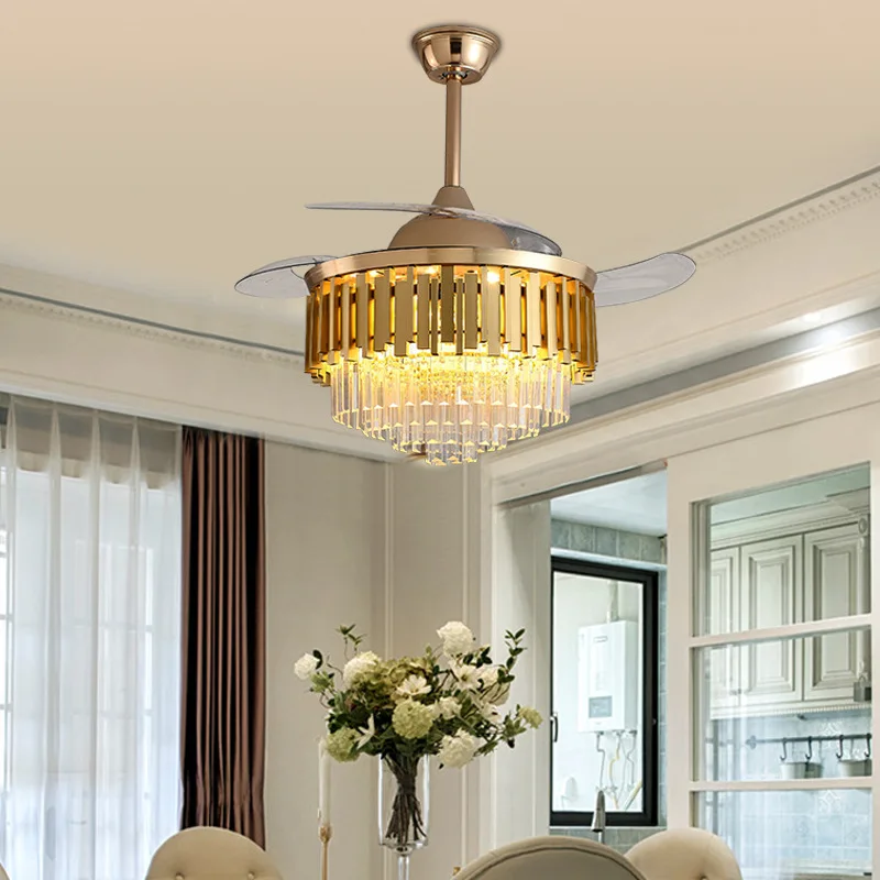 

Modern Crystal Gold Fan Lamp Living Room Dining Room Invisible Ceiling Fan Lamp Nordic Luxury Household Fan Lamp Remote Control