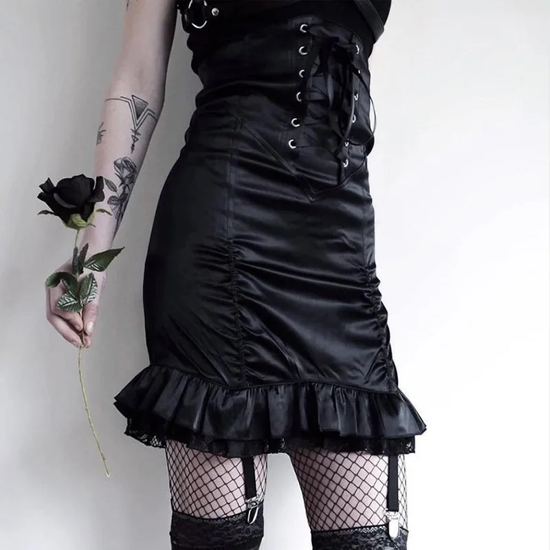 Black Gothic Empire Women Skirt 2021 Spring Lady Pleated Lace-up Ribbon Eyelet Lace Patchwork Skinny Goth Punk Skirts
